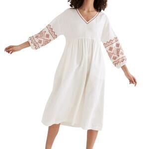 Madewell Embroidered Sleeve Linen Midi Dress Lighthouse Aztec White Red Large